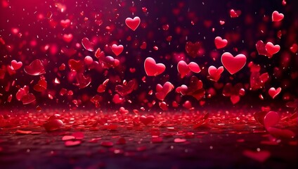 Red valentines day hearts raining down ai generated