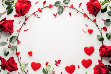 Valentine's day background with red roses and hearts on white background. AI generated