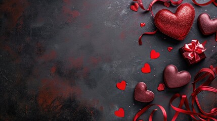 Valentines day background with red hearts and gift box. Top view with copy space. AI generated - obrazy, fototapety, plakaty