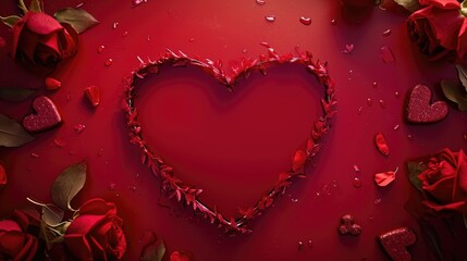 Valentine's day background with red heart and rose petals. AI generated