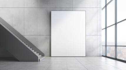 Blank white billboard in a contemporary interior with staircase and large window view. - obrazy, fototapety, plakaty