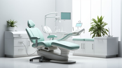Dentist's office interior with a contemporary chair and unique element isolated against a white background
