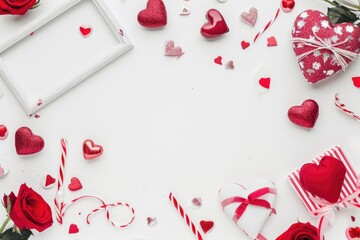 Valentine's day background. Frame, red hearts, confetti on white background. Flat lay, top view, copy space. AI generated