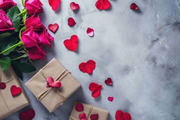 Valentine's day background with red roses, gift boxes and hearts. AI generated