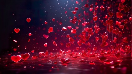 Red valentines day hearts raining down ai generated - obrazy, fototapety, plakaty