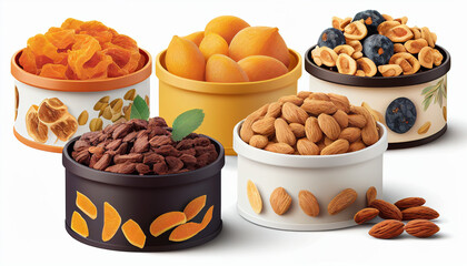 Isolated on a white background are dried fruits and nuts in bowls, including raisins, figs, and apricots.