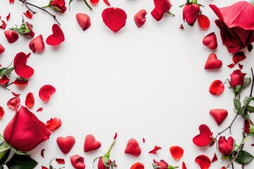 top view of red rose petals and petals on white background. AI generated
