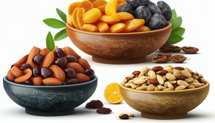 Isolated on a white background are dried fruits and nuts in bowls, including raisins, figs, and apricots.