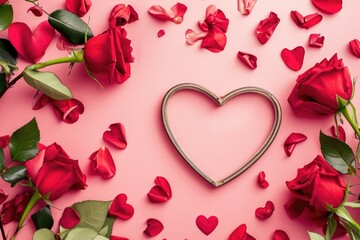 Valentine's day background with red roses and heart on pink background. AI generated