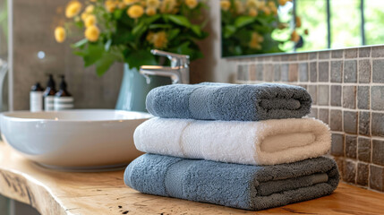 Clean towels on table in Spa setting, Hotel and resort concept, Space for text - obrazy, fototapety, plakaty