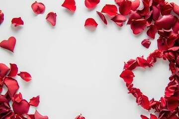 Red rose petals on white background. Valentines day background. AI generated
