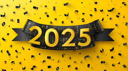 Happy New Year, 2025, Text With Balloon's On Yellow background, 2025 written on a simple plain...