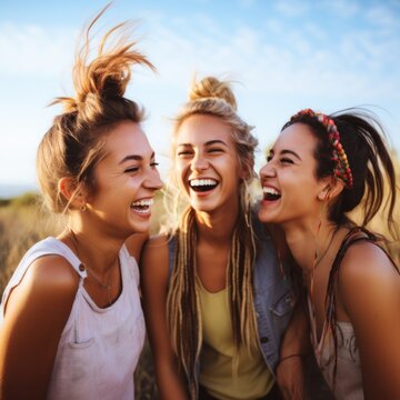 Group of friends having fun at the wheat field, laughing and having fun. AI generated