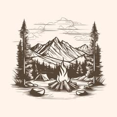 Vector hand sketch campfire with mountains and trees outline