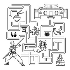 Puzzle for children. Labyrinth. You need to find the monk's path to the Shaolin Temple. Coloring book for children