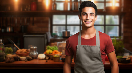 Cheerful young man wearing an apron in a well-equipped home kitchen with fresh ingredients on the counter.
