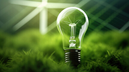 Illuminated light bulb on grass with wind turbines and solar panels, symbolizing renewable energy and sustainability.