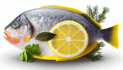 Frontal view lemon and fresh fish slices isolated on a white background