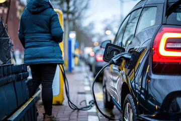 A person charging an electric vehicle at a charging station.