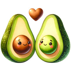Cute avocado couple valentine watercolor clipart with transparent background