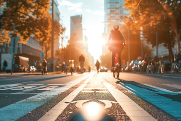 A cityscape with dedicated lanes for bicycles and electric scooters.