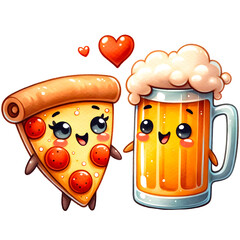 Cute pizza and beer valentine couple watercolor clipart with transparent background