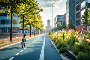 A cityscape with dedicated lanes for bicycles and electric scooters.