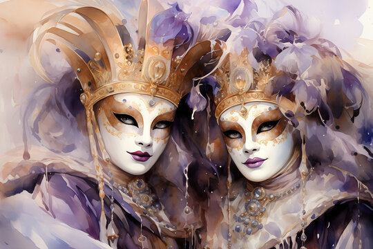 Masked Couple at the Carnival of Venice, Enchanting Watercolor Artwork of People in Masks and Carnival Costumes Celebrating in Italy