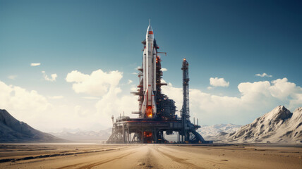 Space rocket is on launch pad before start, spacecraft in desert on sky background. Concept of travel, technology, science, sls, ship