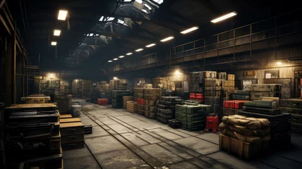 Fotobehang Metal and wooden boxes of guns stored in dark warehouse, packaged weapon inside military storage. Illegal smuggle arsenal of firearm. Concept of war, industry, violence, background, security © scaliger