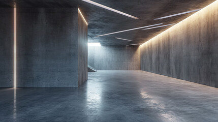 Concrete room background, abstract minimalist interior with grey walls and lines of led light, modern empty space. Concept of white stone garage, texture, hall, building - Powered by Adobe