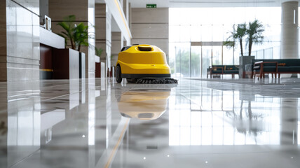Empty office hall and cleaning machine, shiny clean marble floor and yellow vacuum equipment in building lobby. Concept of professional maintenance, washing, commercial care service - obrazy, fototapety, plakaty