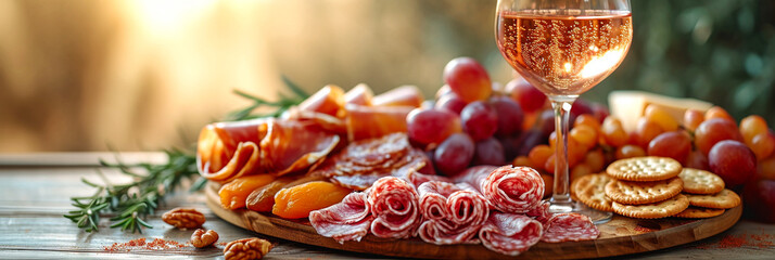 An exquisite board of starters with cold meats, cheeses, fruit and crackers Accompanied by a glass of wine. AI generative. - obrazy, fototapety, plakaty