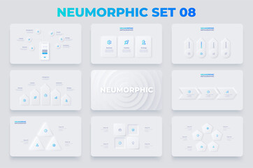 Neumorphism infographics elements set with 3, 4 and 5 options. Arrows, smartphone, cycle and banners diagrams
