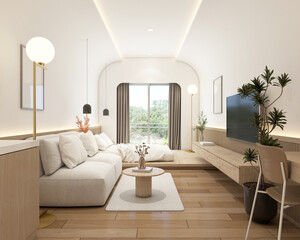 Modern japan style tiny room decorated with wood tv cabinet and minimalist sofa, white bed and wood slat wall, white curved wall hidden lights. 3d rendering