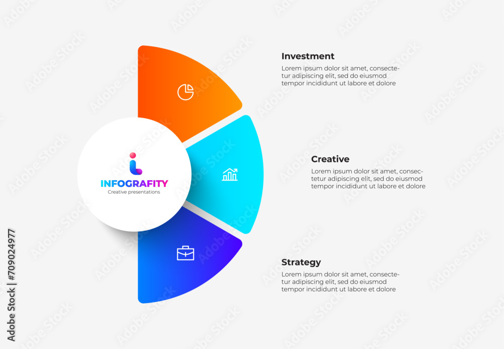 Poster Semicircle pie chart divided into 3 parts. Concept of three features of startup project to select