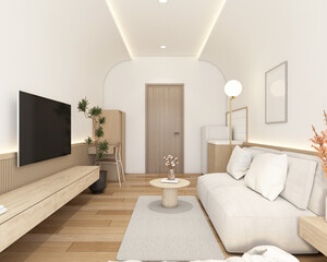 Modern japan style tiny room decorated with wood tv cabinet and minimalist sofa, wood slat wall and white curved wall. 3d rendering