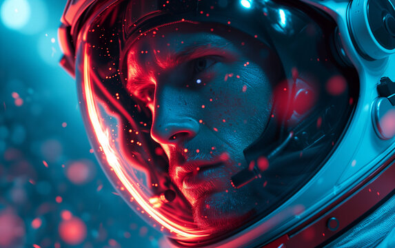 close up of a red face of a man in the space