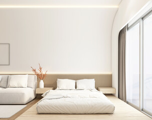 Modern japan style tiny room decorated with white bed and minimalist sofa, wood slat wall and white curved wall. 3d rendering