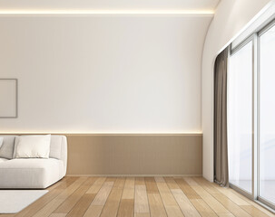 Fototapeta premium Modern japan style empty room decorated with wood slat wall and white curved wall. 3d rendering