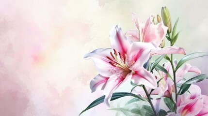 Obraz na płótnie Canvas Lilies background: Elegant and beautiful, often associated with devotion and purity, valentine theme, mother's day, watercolor, copy space.