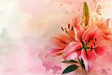 Orange lily flowers on a watercolor background, copy space.