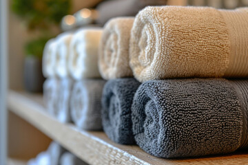 Fototapeta na wymiar Clean towels on table in Spa setting, Hotel and resort concept, Space for text