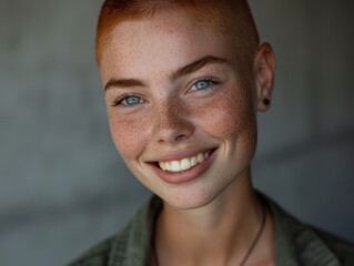 Obraz premium Smiling Woman with Blue Eyes and Shaved Reddish Hair