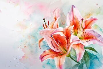 A blooming branch of lily flower background, watercolor, copy space.