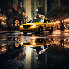Taxi in a city at night.