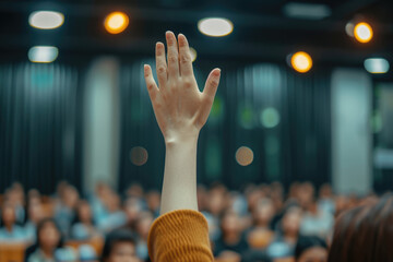 Photo of people asking questions or making presentations, journalists raising their hands in the audience - obrazy, fototapety, plakaty