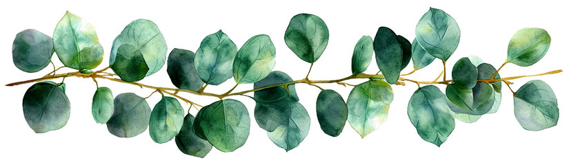 Watercolor illustration of green and yellow eucalyptus leaves, detailed and realistic, isolated on transparent or white background