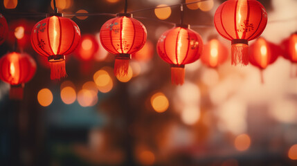 Red chinese lantern in mid-autumn festival, Chinese lunar new year celebration. China town defocused background, Mid-Autumn festival with colorful lights. Generative AI - obrazy, fototapety, plakaty
