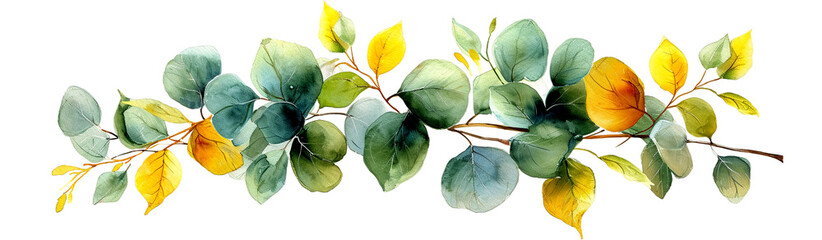 Delicate border of green and eucalyptus leaves in watercolor style, creates a serene and natural ambiance, isolated on transparent or white background